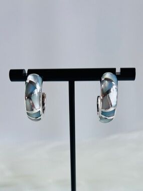 Blue Mother of Pearl 3/4 Hoop Earrings set in 925 Sterling Silver